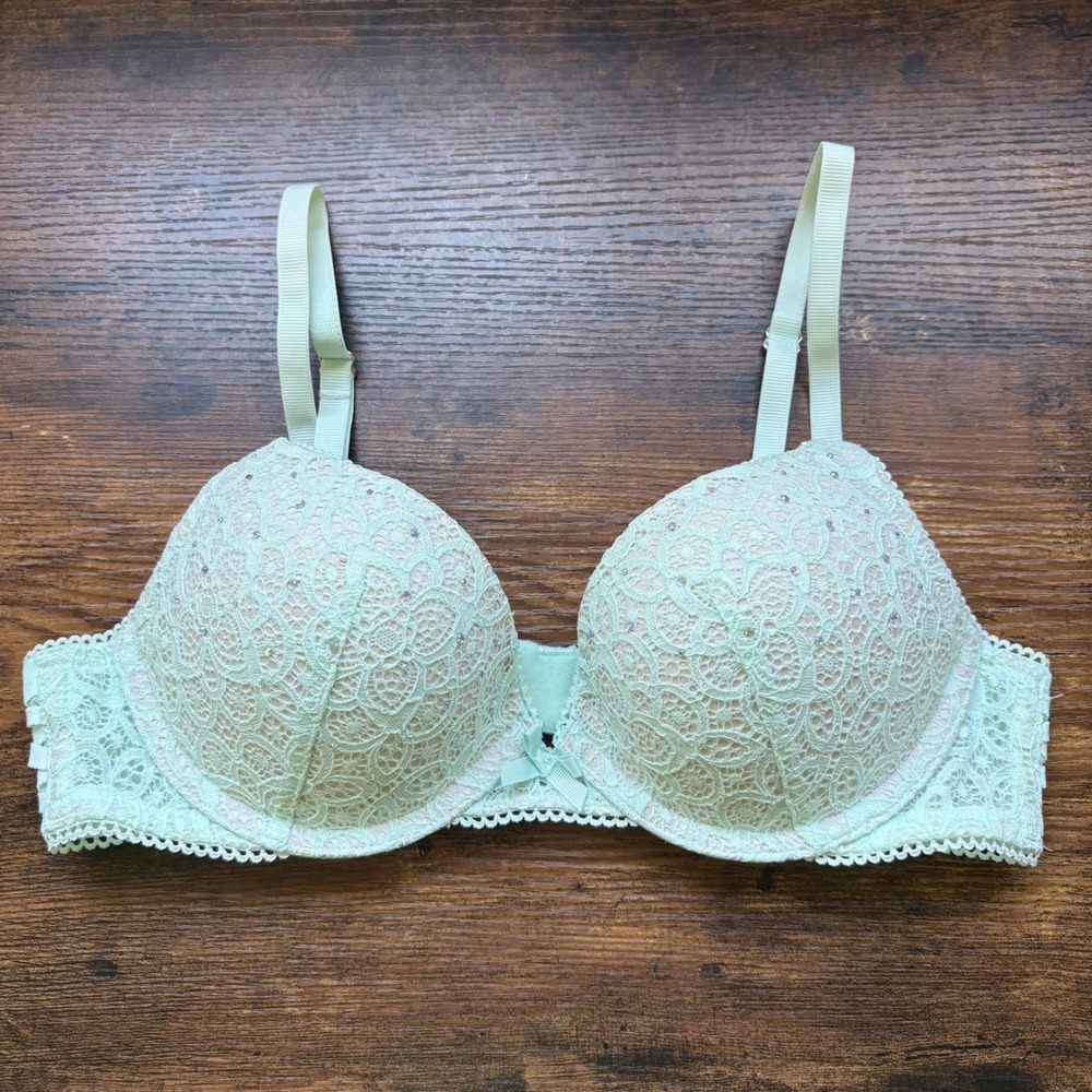 Victorias Secret Dream Angels Mint Lace Rhinestone Push Up Bra 34A